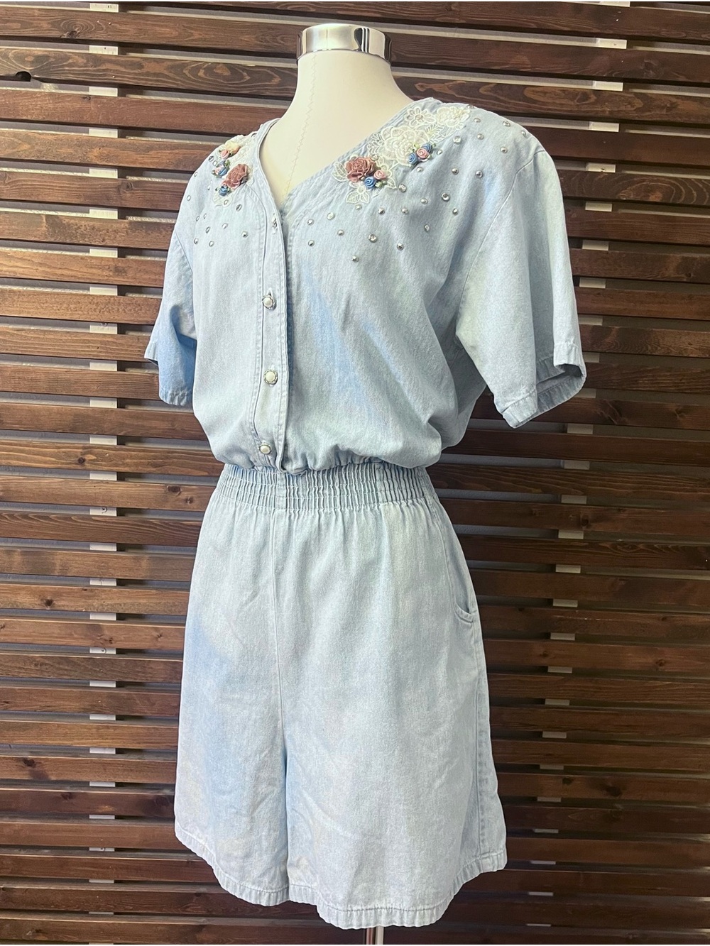 1980s Vintage Light Denim Blue Floral Silver Stud Besded Appliqué Button Romper